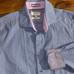 Ted Baker Slim Fit Shirt Men's *Medium Blue Houndstooth 15 1/2 32/33 Flip Cuff